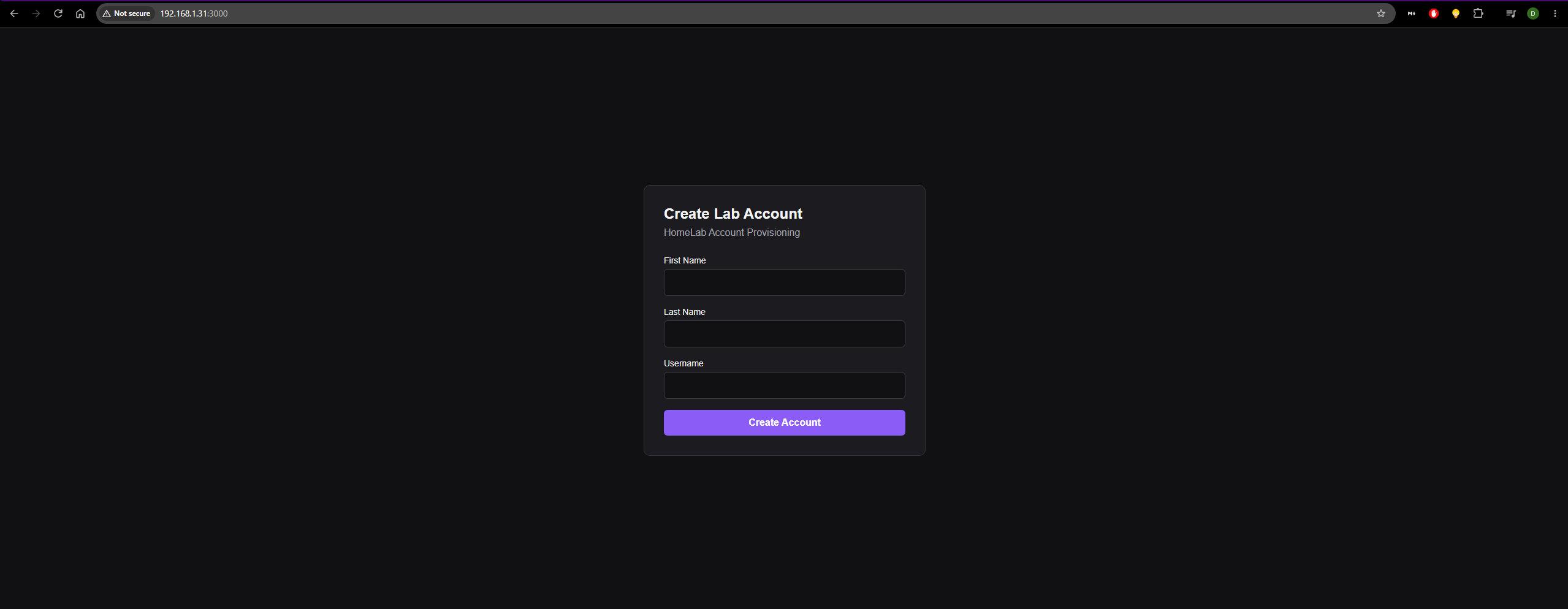 Create Lab Account web interface